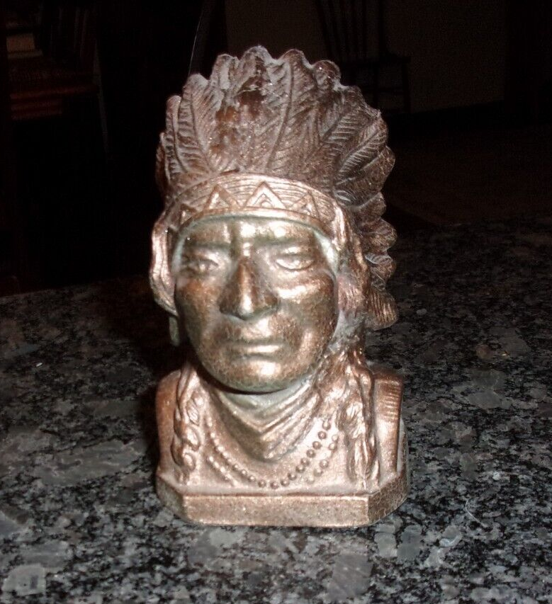 VINTAGE CAST METAL NATIVE AMERICAN INDIAN COIN BANK - COPPER PAINTED -