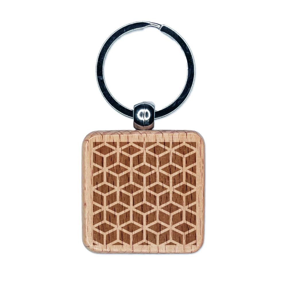 3D Geometric Cube Illusion Engraved Wood Keychain Charm