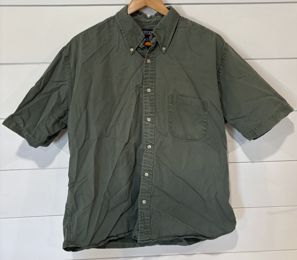 Lands End Men's Olive Hunter Green Short Sleeve Button Down Shirt Large 16-16.5