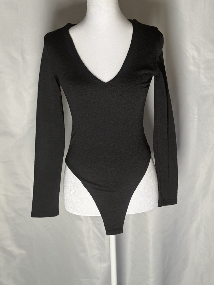 Black Deep V Neck Bodysuit Long Sleeve Fitted Minimalist Size Small