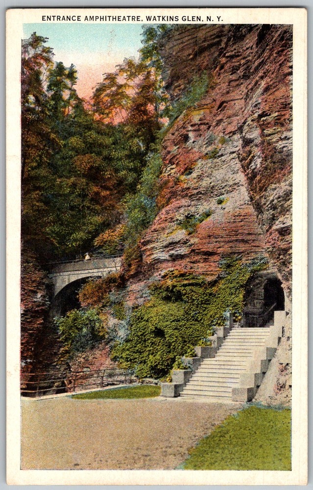 Vtg Postcard Amphitheatre Entrance Staircase Watkins Glen, NY 1940s