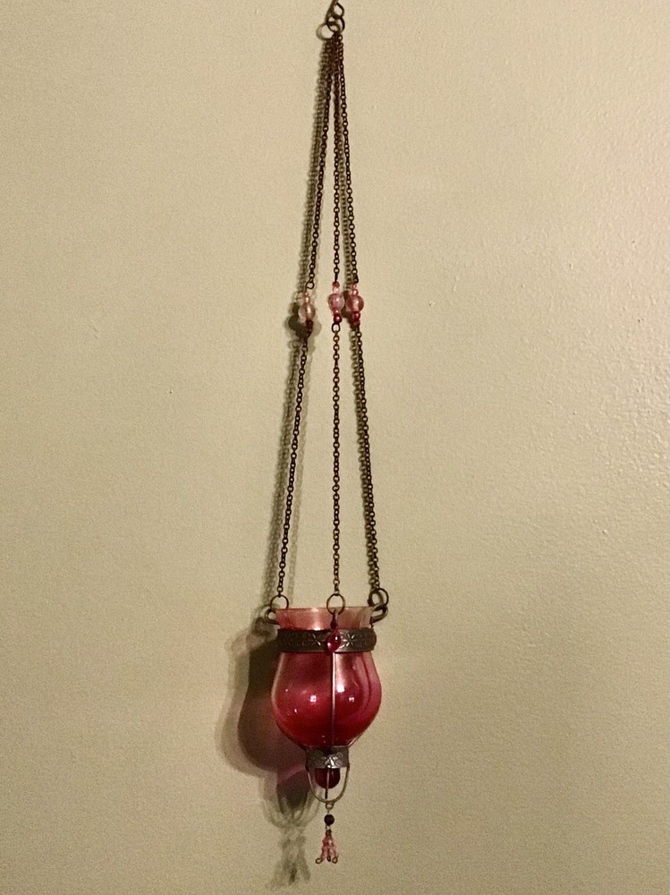 Vintage Glass Hanging Candle Holder Magenta/red  Votive Candle Holder