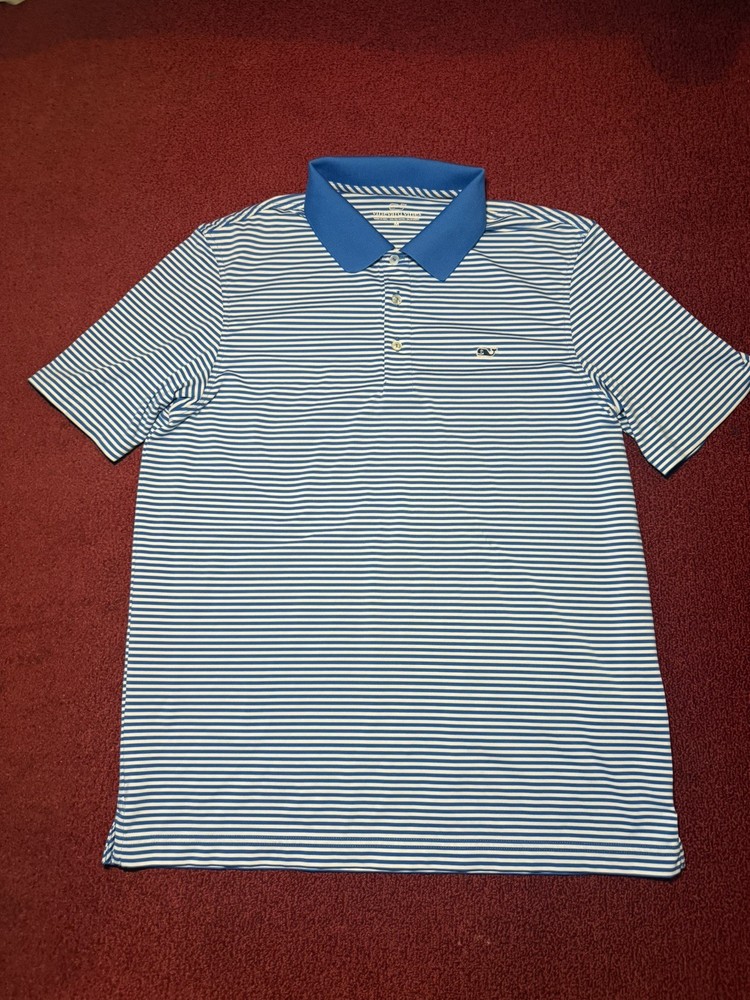 Vineyard Vines Shirt Mens Medium Performance Golf Polo Blue Striped Short Sleeve