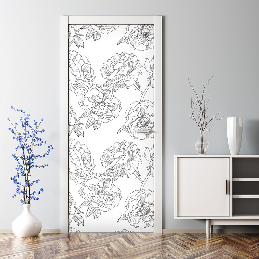 Bubble Free Door sticker Hand-drawn roses Black and white Outlines Elegant