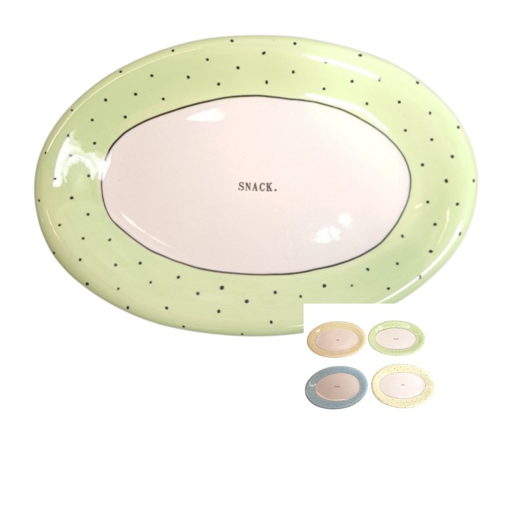 Set of 4 Rae Dunn by Magenta Appetizer Plates Polka Dot Snack Taste Yum Oval