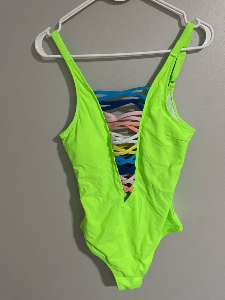 Sofia's Choice Neon Green One-Piece Swimsuit Multicolor Straps Lined