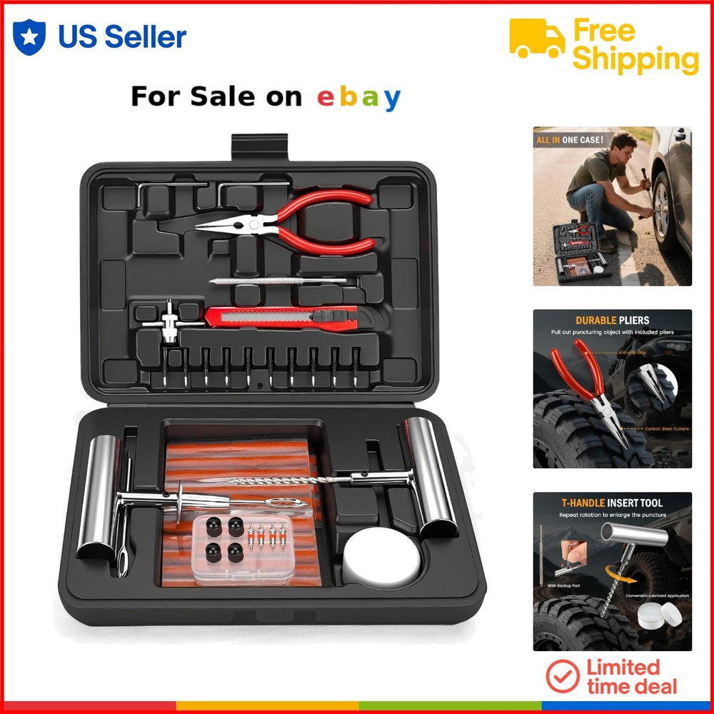 70-Piece Heavy Duty Tire Repair Kit for Cars & Motorcycles – Flat Patch Plug Tool Set