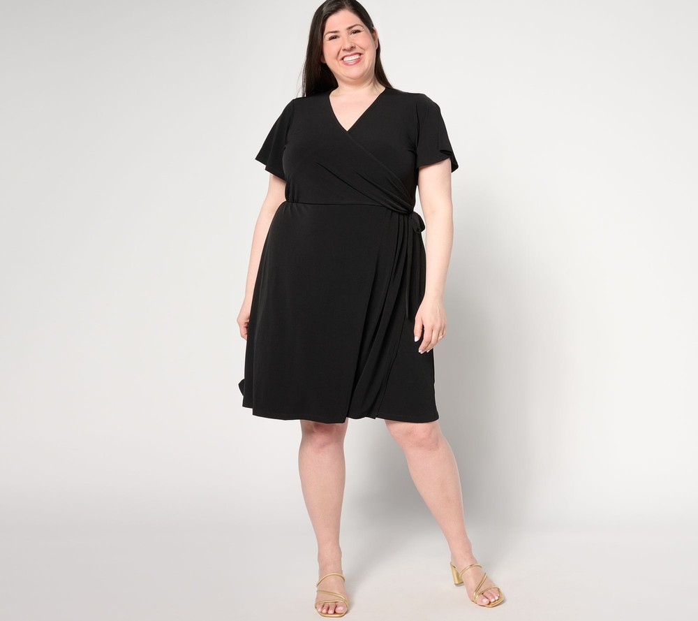 Susan Graver Women's Petite Dress 1XP Liquid Knit Faux Wrap Black A646285