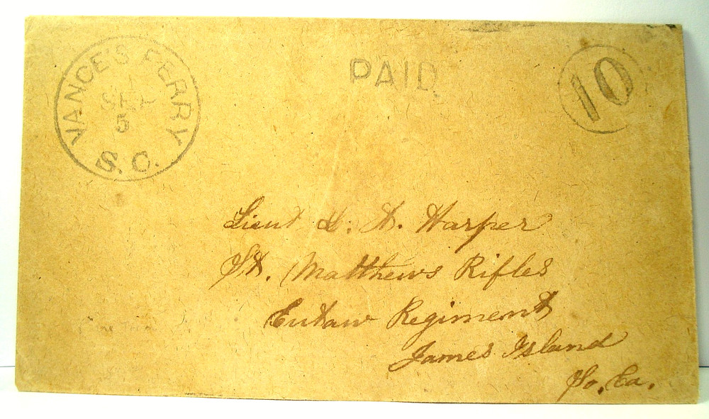 Civil War CSA MATTHEWS RIFLES James Island VANCES FERRY SC PAID 10 Cover SUPERB
