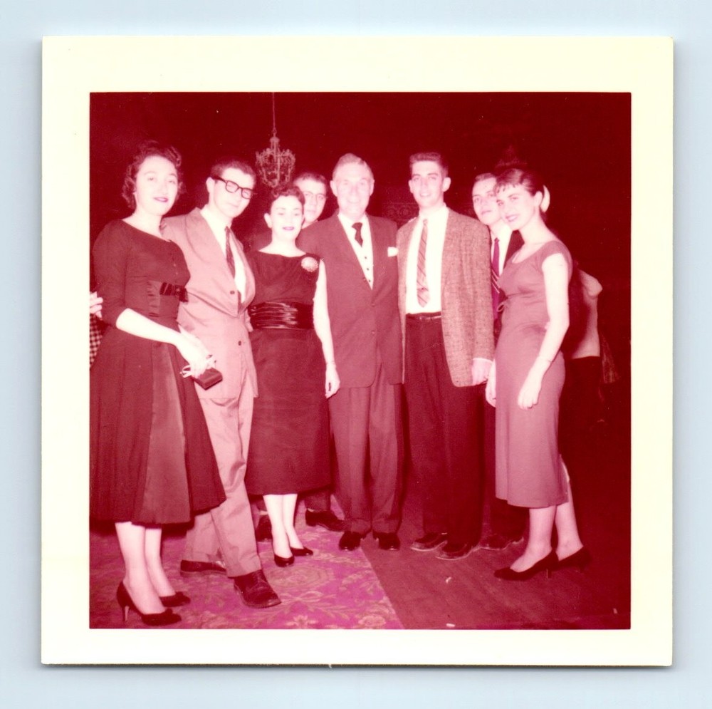 Old Vintage Square Color Photo MEN WOMEN GROUP PICTURE GATHERING 1958 KODAK