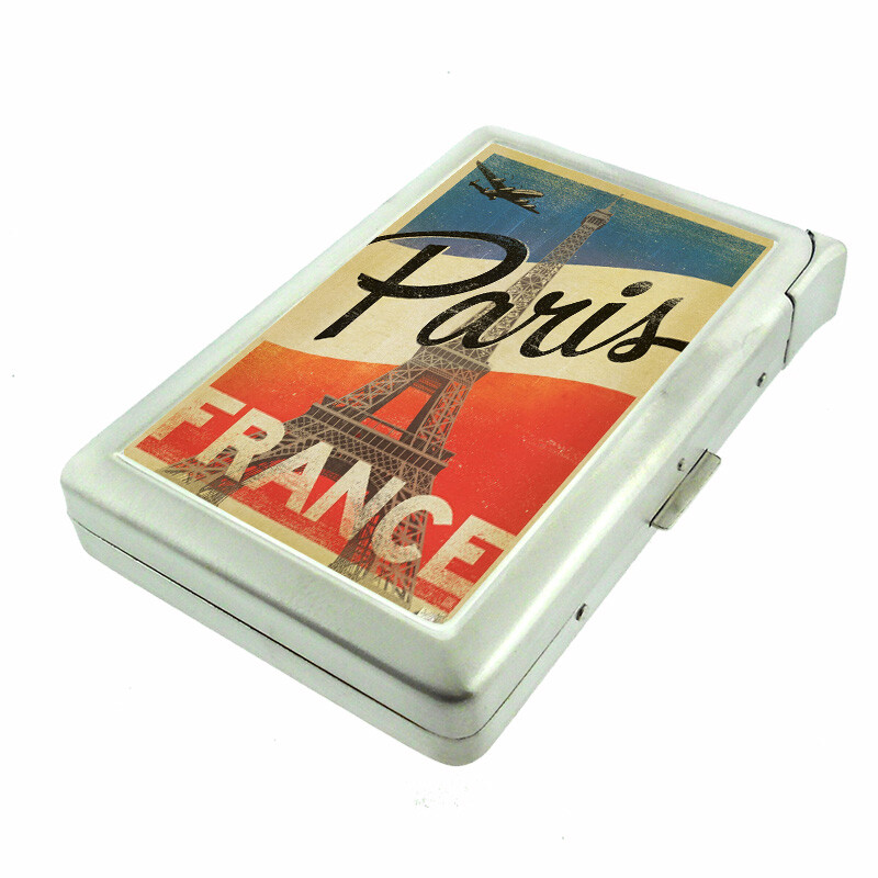 Paris France Em1 100's Size Cigarette Case with Built in Lighter Metal Wallet