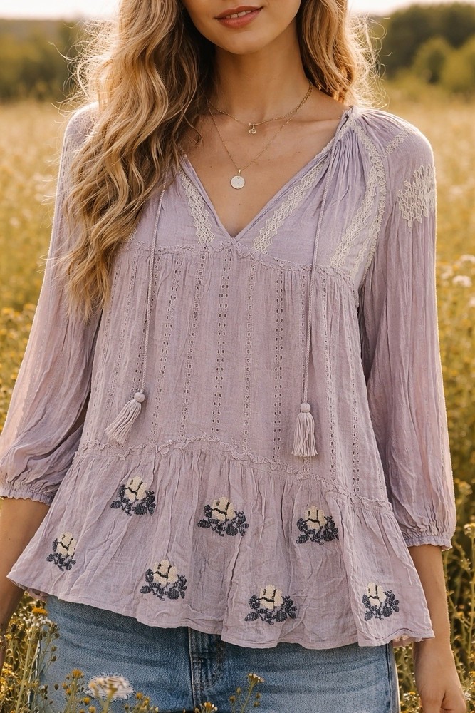 Free People Medium Lilac Boho Tunic Shirt Floral Embroidery Fairy Peasant