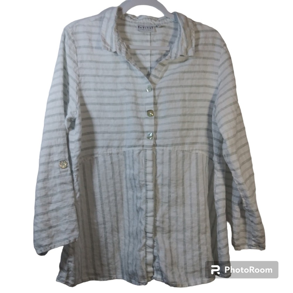Habitat Womens 100% Linen Button Up Top Long Sleeve V Neck White Striped Size L