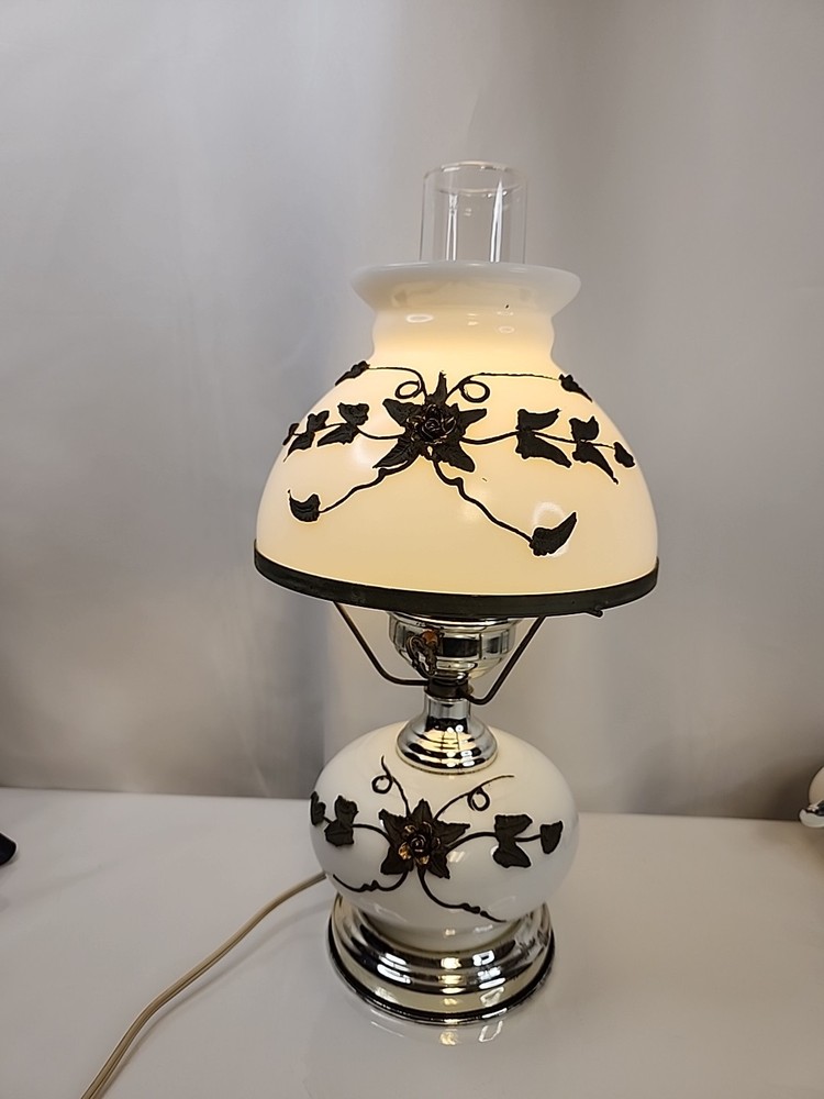 Vintage Milk Glass Brass Gone with the Wind Table Lamp Brass Flowers 17” X 8.25”