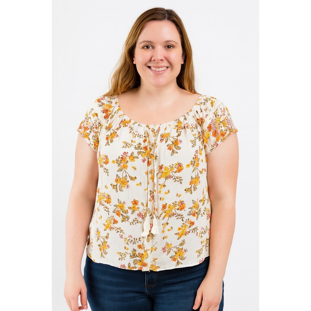 No Boundaries Floral Peasant Blouse XL Boho Short Sleeve