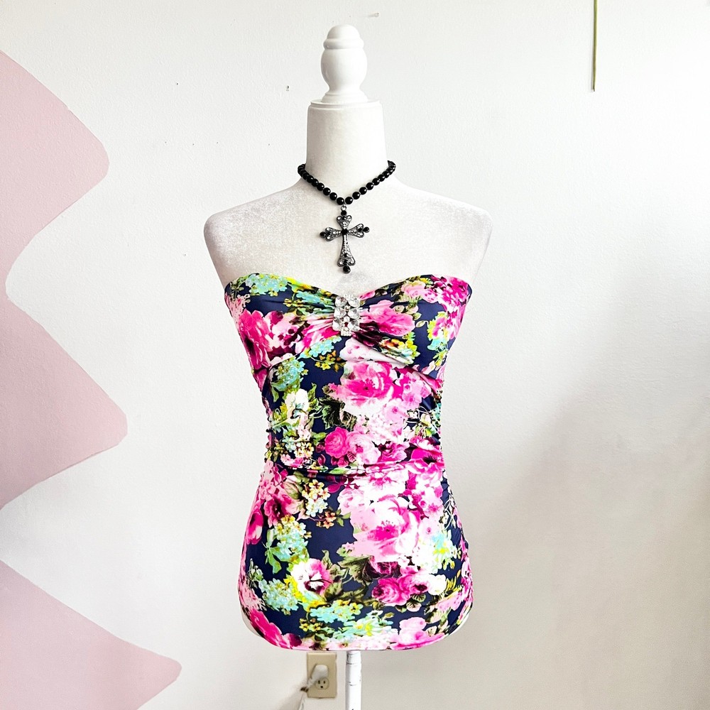 Vintage Y2K Tube Top Small Babydoll Floral Pink Blue Strapless 2000s 90s