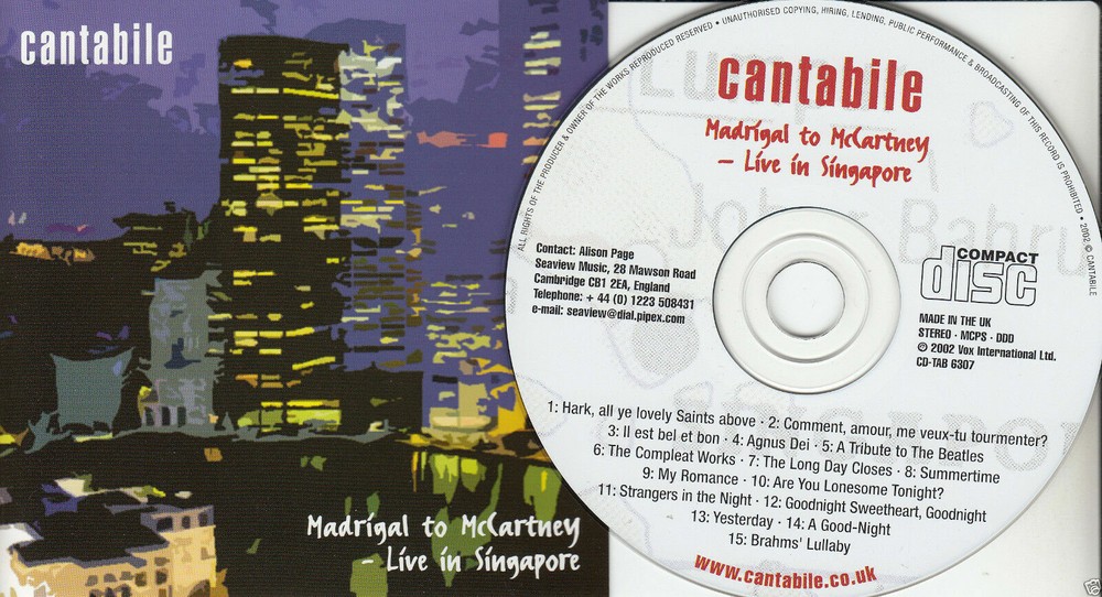 CANTABILE Madrigal to McCartney Live Singapore CD 2002 15 Tracks
