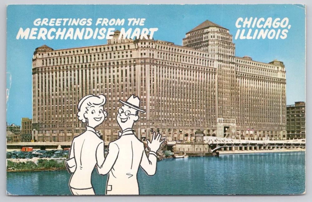 Chicago Merchandise Mart Postcard c.1950s Plastichrome Cartoon Couple