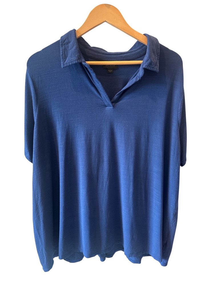 J Jill Wearever Polo Shirt Womens Size 2X Blue Collared V Neck Short Sleeve