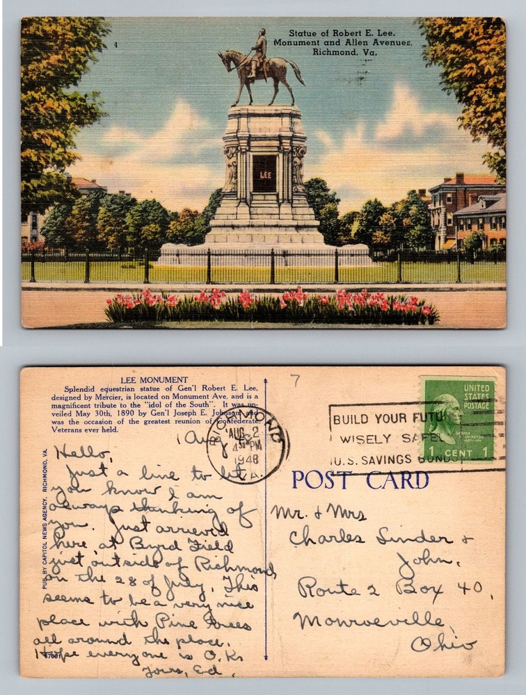 Richmond, VA-Virginia, Robert E Lee Monument Allen Avenue Vintage c1948 Postcard