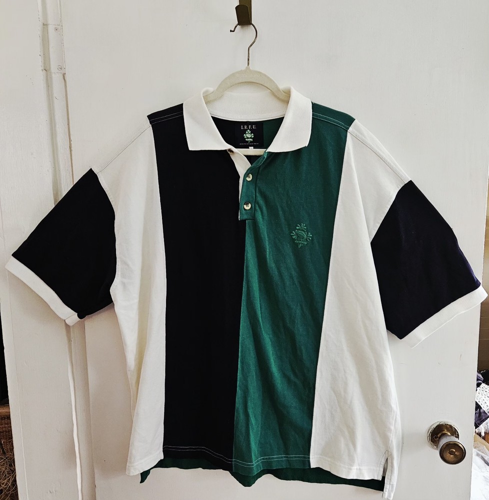 Vtg 1980's Ireland Polo Shirt Mens XL Striped Rugby IRFU Jersey Colorblock  RARE