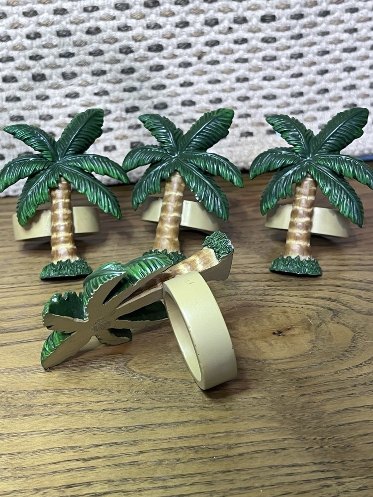 Vintage Resin Palm Tree Napkin Rings Set of 4 Tropical Tiki Party Decor