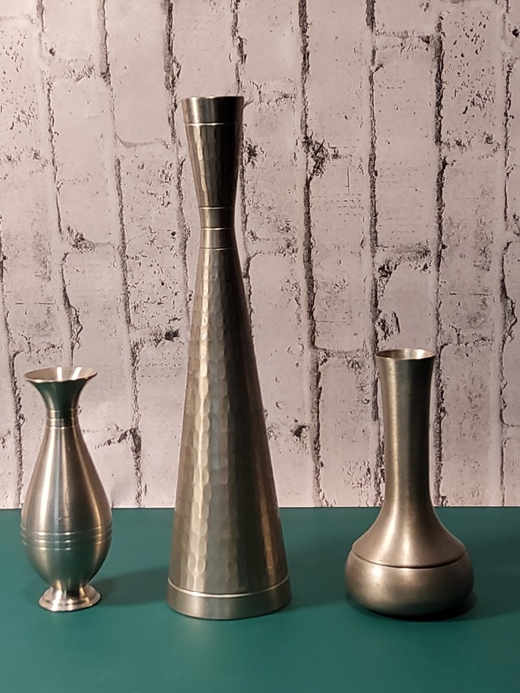 Mid Century Hammered Pewter Bud Vase Royal Selangor Pewter. Bundle of 3