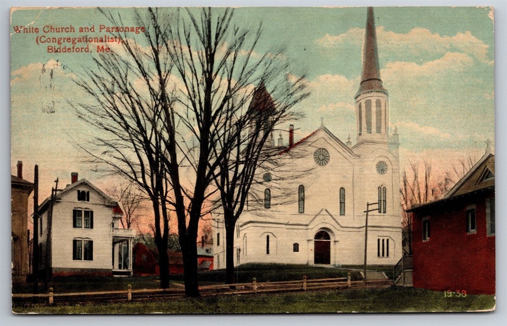 White Church & Parsonage Congregationalist Biddeford ME C1910's Postcard P10