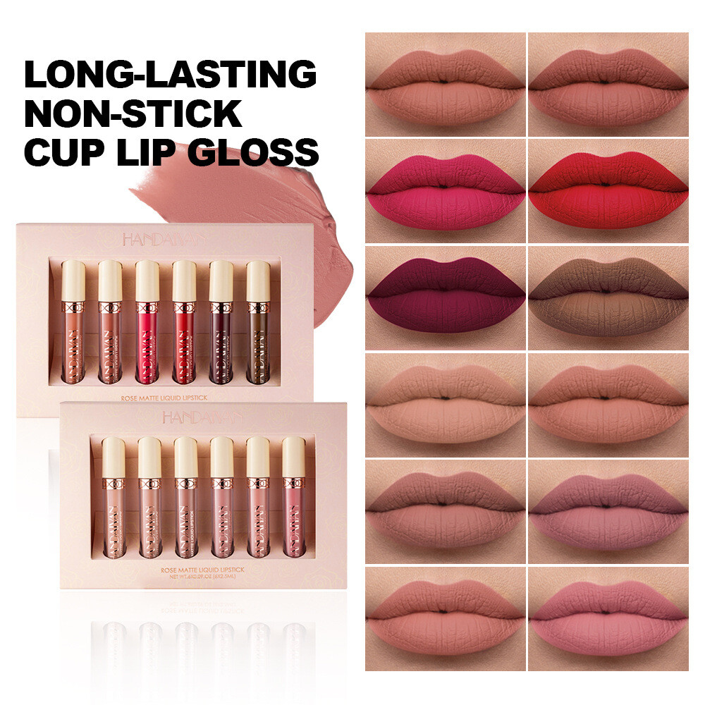 6PCS Matte Lip Gloss Set Waterproof Rose Lip Color Moisturizing Smudge-Proof