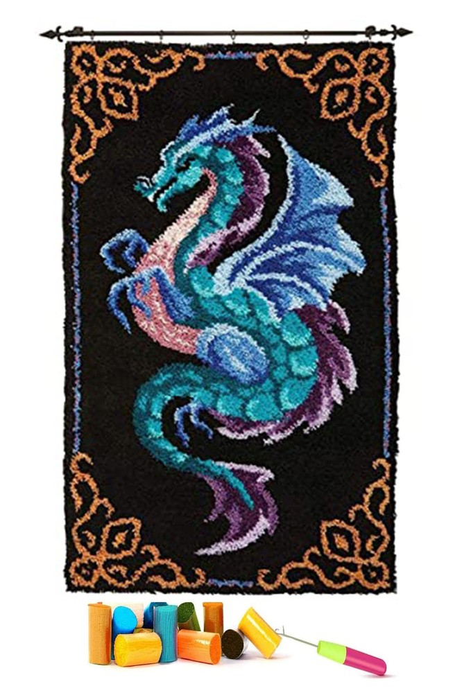 Dragon Latch Hook Rug Kits for Adult, DIY Rug Crochet Making Kits with Pre-Pr...