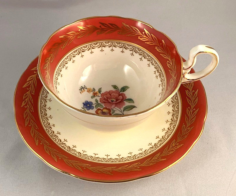 Vintage Aynsley Cup & Saucer Burnt Orange w/Gold Laurel Leaves & Multi Flowers