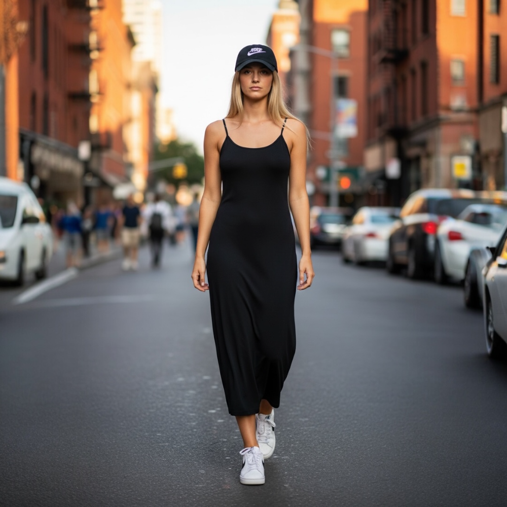 Women’s Black Bodycon Midi Dress Stretchy Spaghetti Strap Black Slit NWT.