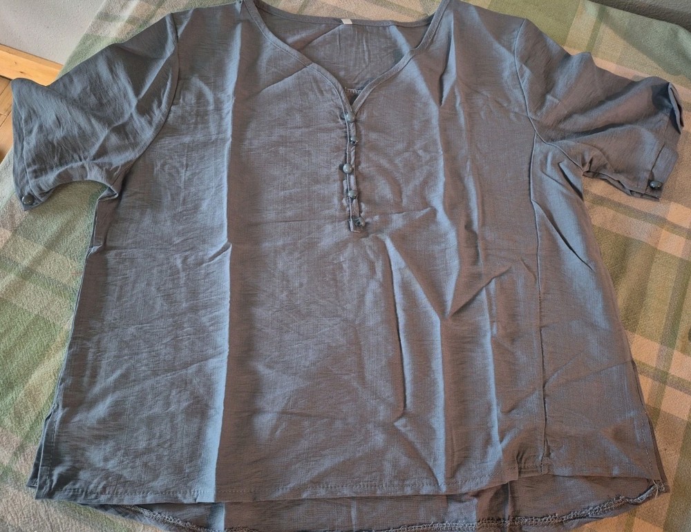 Women's M Lightweight Blouse Slate Blue Split Neck Henley High Low Top NWOT