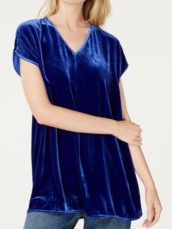 Eileen Fisher Size M Blue Velvet V-Neck Short Sleeve Tunic Top Relaxed Fit