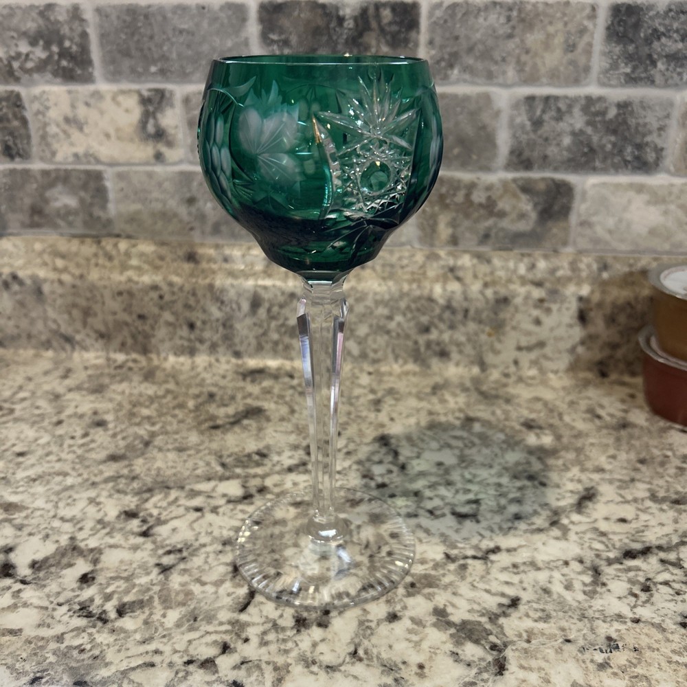 Hungary Marsala Emerald  Cut To Clear Crystal Wine Goblet, Hand Made