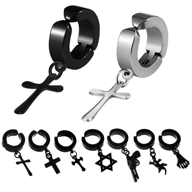 Eardrop Earrings Dangler Ear Stud Hiphop Star Cross Pendant Stainless Steel wi
