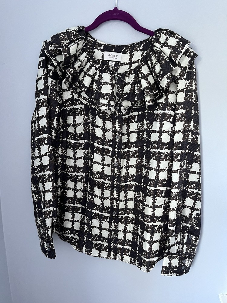 J.Crew Collection Silk Twill Ruffle Collar Top Womens Sz M Brown Cream Plaid