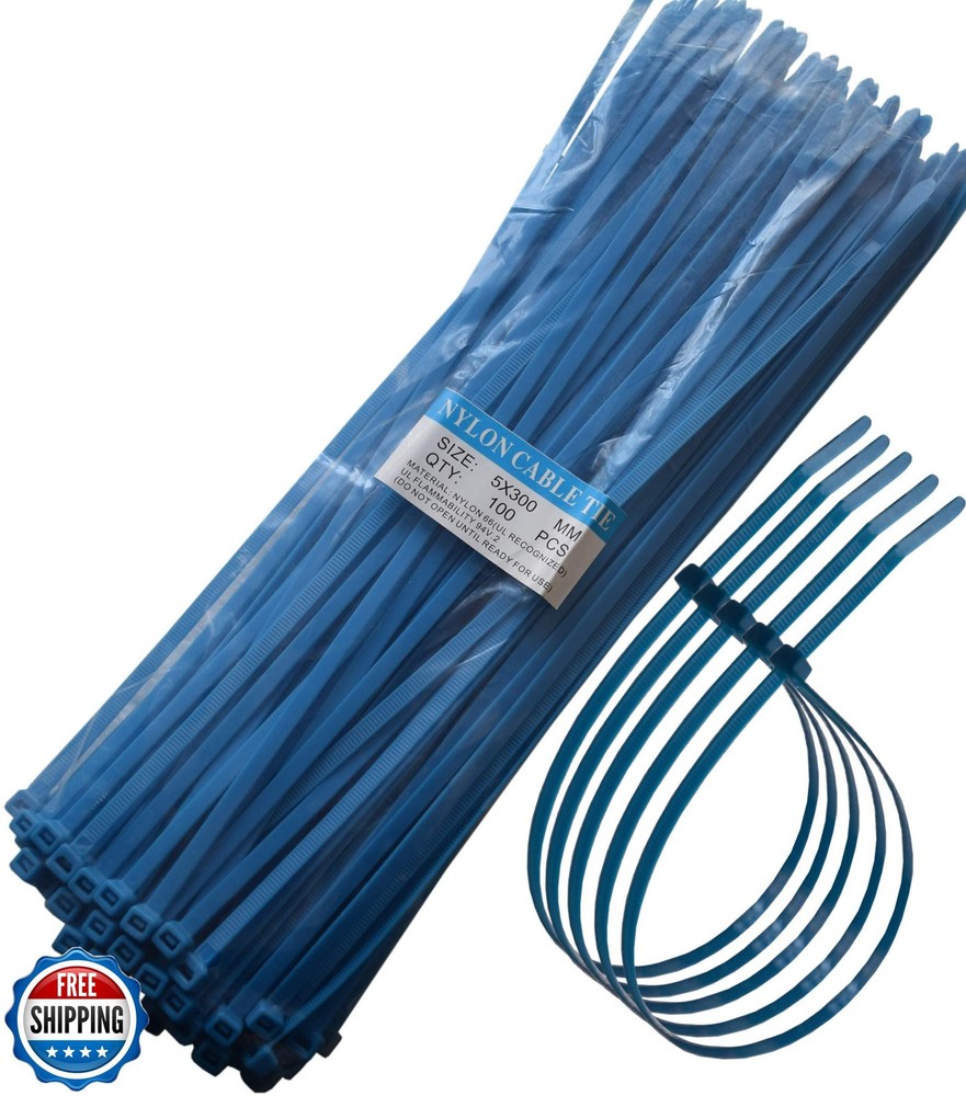Heavy Duty 12-Inch Blue Nylon Cable Zip Ties 100-Pack