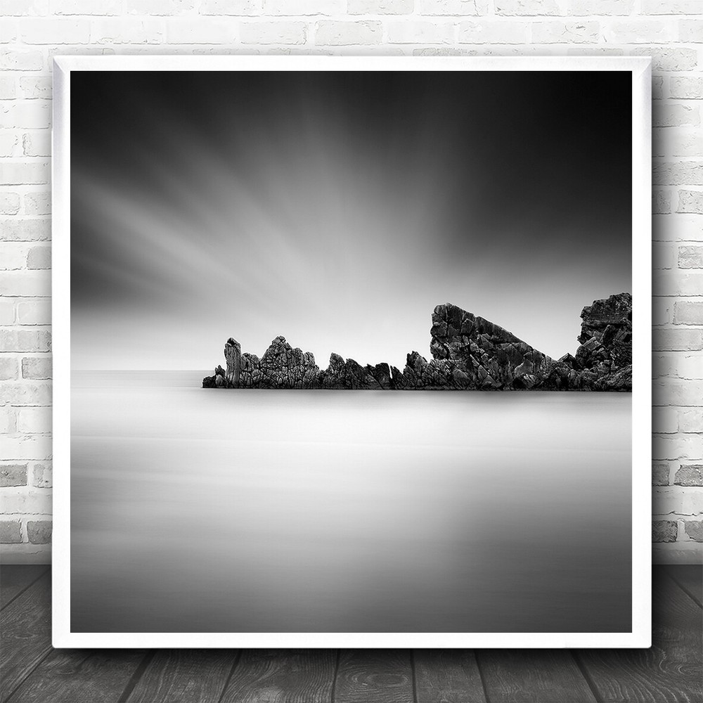 Fine Art Black White Exposure Seascape Rocks Square Wall Art Print