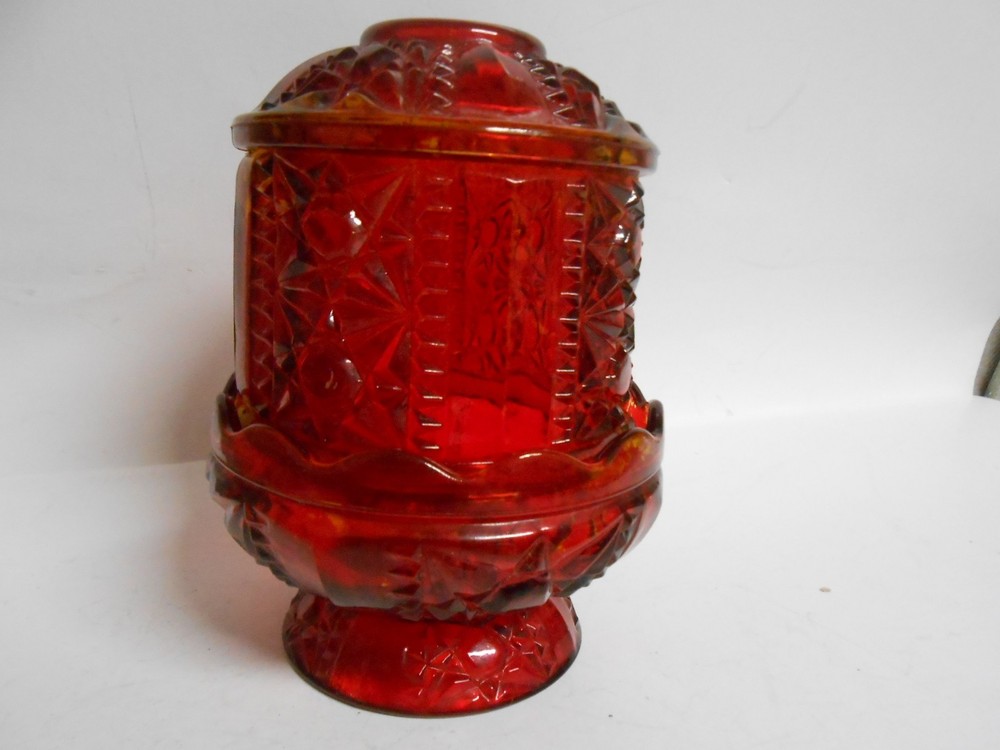 Vintage Indiana Glass Flash Ruby Red Stars & Bars Fairy Lamp Candle light #2