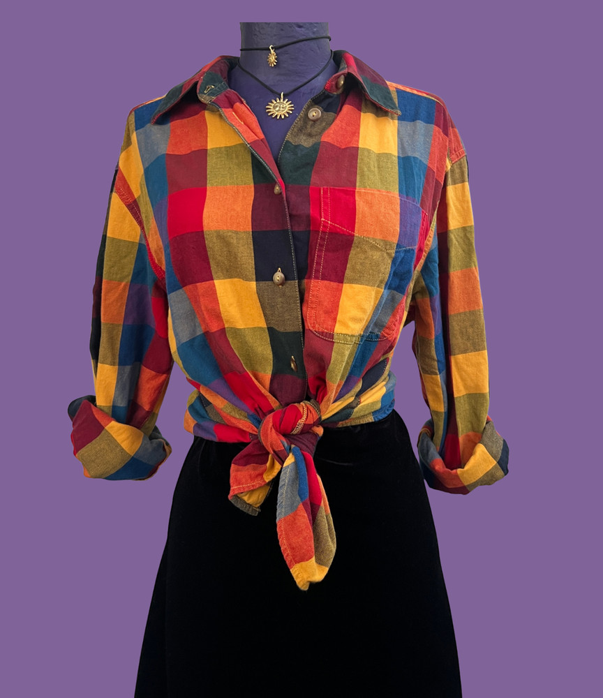 vintage liz sport big check rainbow plaid button up shirt womens