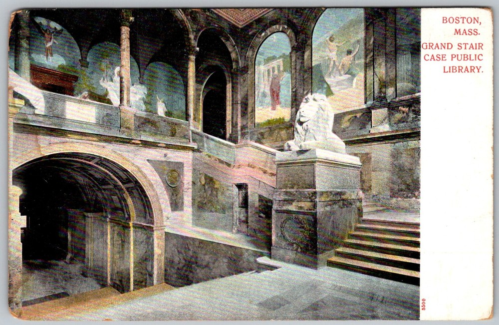 Antique Postcard Grand Staircase Public Library Boston, MA 1900s