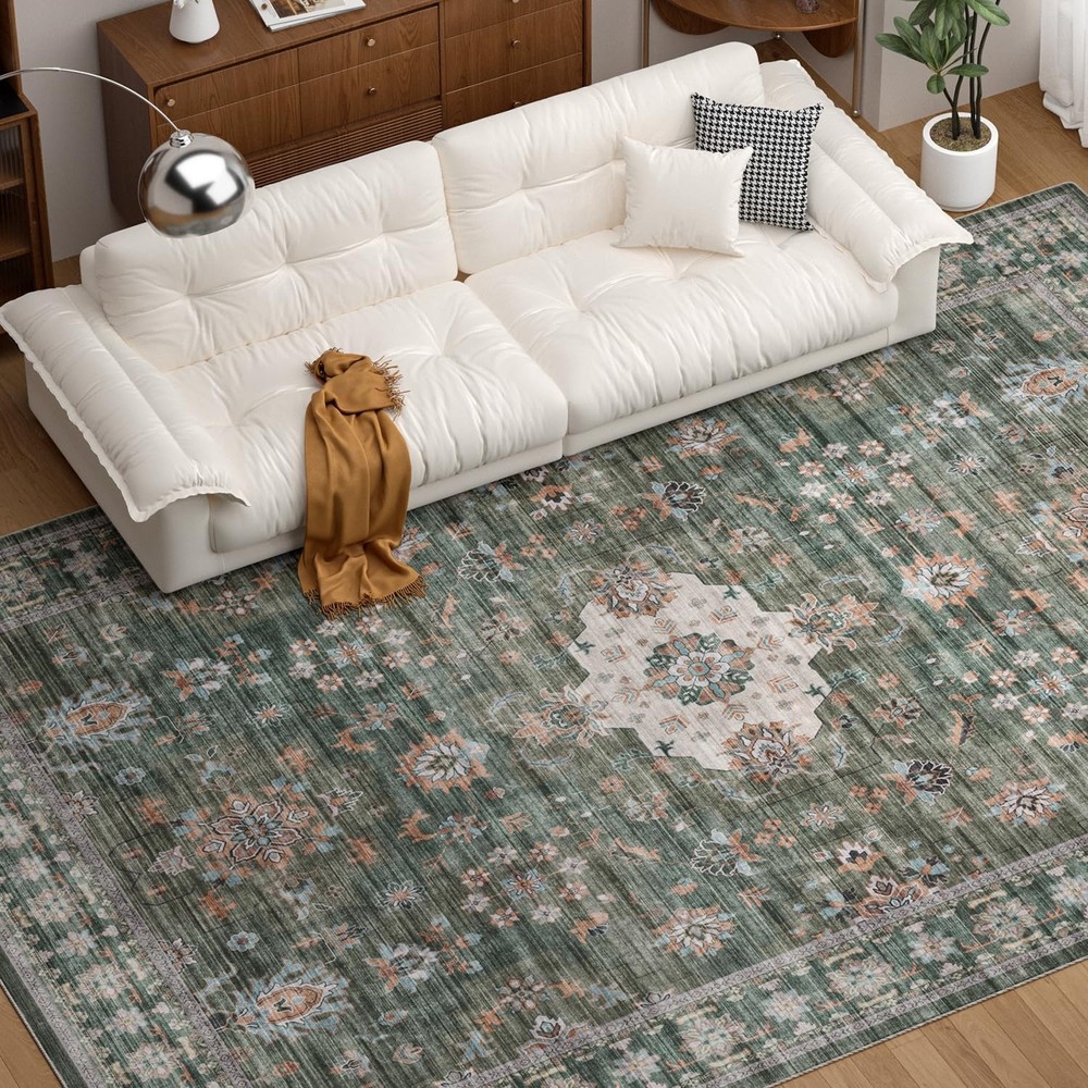 COHOME Green Boho 6x9 Washable Rug for Under Table, Non-Slip Low Pile Area Ru...