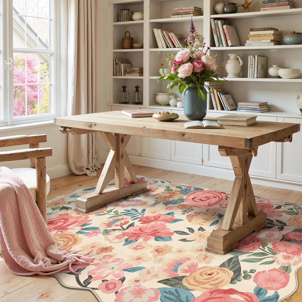 Washable Floral Area Rug 4X6 Beige Office Carpet Scalloped Flower Non Slip Soft