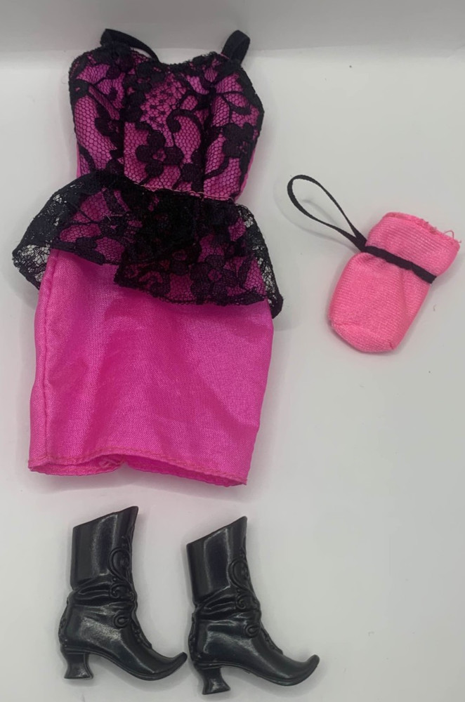 90s  Vintage Barbie Fashion Outfit Hot Pink Black Lace Dress Boots Shoes