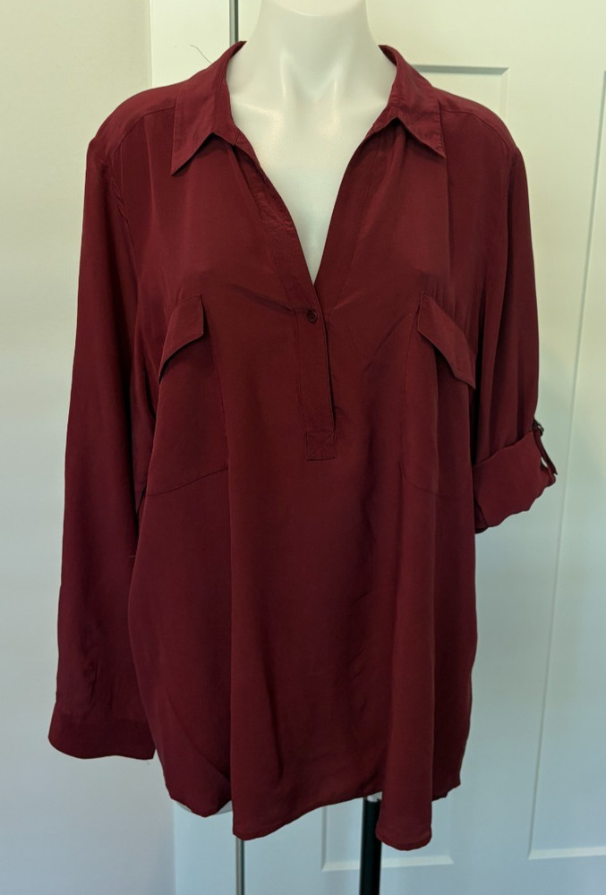 EILEEN FISHER Womens Button TOP Long Tab Sleeve BURGUNDY Silk Size XL