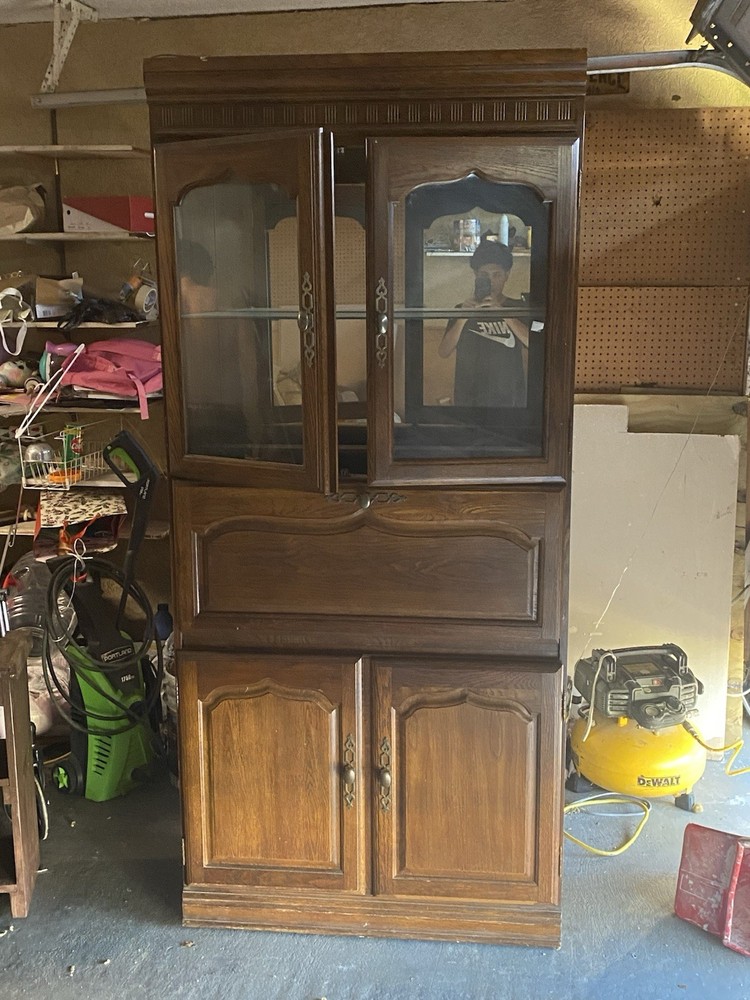 Vintage Brown Wood China Cabinet with Glass Doors and Lower Storage