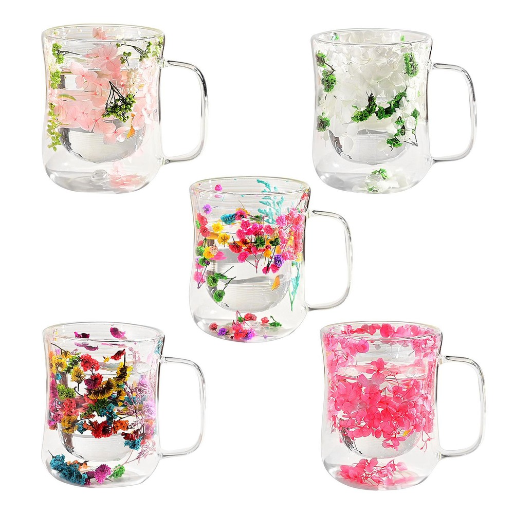 Dry Flowers Double Wall Glass Cup Glass Tea Cup Double Wall Insulated Coffee Mug