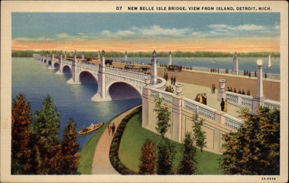 Michigan Detroit Belle Isle Bridge from Island ~ 1930s linen postcard  ~ s9677