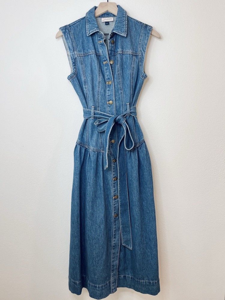 Universal Thread Women's Denim Dress Tie-Waist Midi A-Line Size 2